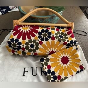 Furla Women's  Hand Bag Floral Cloth Canvas Wood Handles W/ Dust Bag